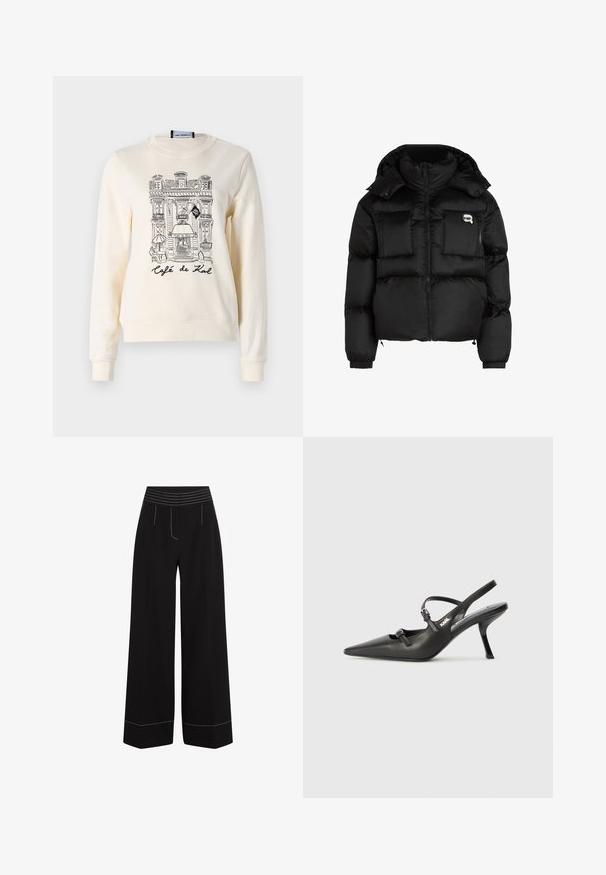 Svart pufferjacka med hög krage, zippered front, två stora framfickor och elastiska ärmslut. Slät, glänsande tyg med huva.; Krämfärgad sweatshirt med en mjuk textur, prydd med en svart skiss av en kafébyggnad och texten "Café de Karl" under illustration.; Svarta byxor i vida ben med ett texturerat, elastiskt midjeband. Har vit sömnad längs fickorna och fållarna. Slät tygfinish.; Svarta läderklackar med slingback, spetsig tå, smal klack och dekorativ spänndetalj på ovansidan. Slät struktur och stilren design.