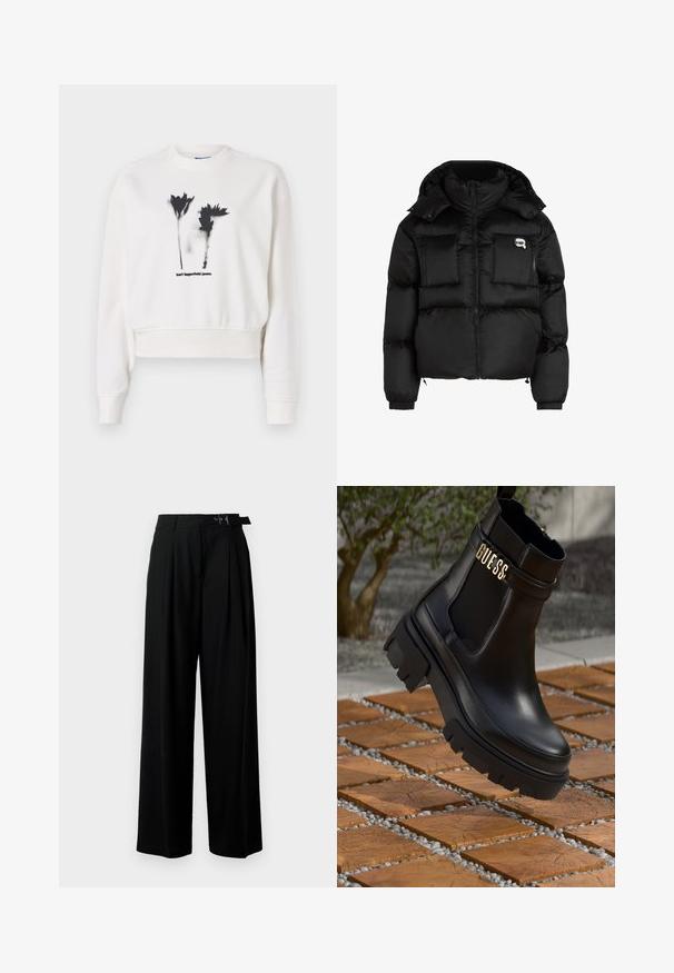 Svart pufferjacka med hög krage, zippered front, två stora framfickor och elastiska ärmslut. Slät, glänsande tyg med huva.; Vit kortärmad sweatshirt med svart blommönster och texten "karl lagerfeld jeans". Mjukt material med ribbade muddar och halsringning.; Svarta byxor med vida ben och hög midja, med veck framtill och ett bälte med spänne. Tillverkade av ett mjukt, lätt tyg.; Svart läderankelsko med en kraftig gummisul, elastiska sidopaneler och en guldfinish med "GUESS"-logotyp.