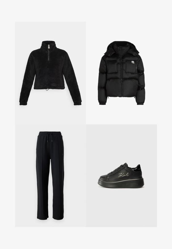 Svart pufferjakke med høy krage, glidelås foran, to store frontlommer og elastiske mansjetter. Glatt, blankt stoff med hette.; Svart fleece genser med høy krage, halv glidelås og justerbar fell. Har en myk, strukturert overflate og lange ermer.; Svarte joggebukser med avslappet passform, elastisk midje, justerbar snøring og vertikale sømmer langs beina. Myk stofftekstur.; Sorte plattform sneakers med en glatt skinnoverdel, flate lisser og brodert "Karl"-logo på siden. Rund tå og tykk såle.