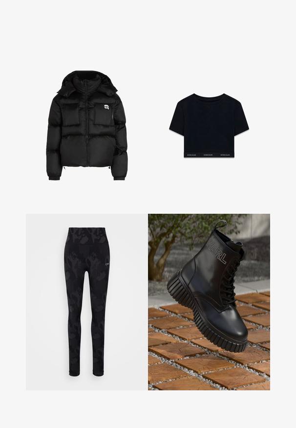 Chaqueta de plumas negra con cuello alto, cierre frontal con cremallera, dos grandes bolsillos delanteros y puños elásticos. Tela suave y brillante con capucha.; Camiseta negra corta de tela suave con mangas cortas y cuello redondo. Presenta una banda de marca en el dobladillo con "GUESS JEANS" en blanco.; Leggings negros con un sutil estampado de leopardo tonal, cintura alta y textura suave. Presenta el logo "ICIW" en el frontal.; Bota de cuero negro con suela gruesa estriada, cordones y logotipo de strass "KARL" en el lateral, flotando sobre un pavimento de madera y grava.
