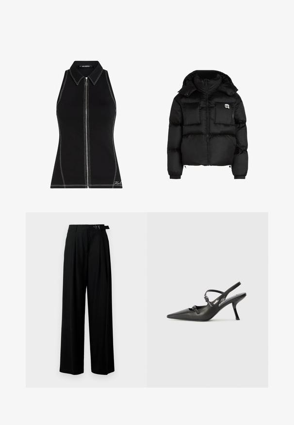 Svart pufferjacka med hög krage, zippered front, två stora framfickor och elastiska ärmslut. Slät, glänsande tyg med huva.; Svart ärmlös topp med krage, med dragkedja fram och kontrasterande vita sömmar. Slät, stretchig tyg.; Svarta byxor med vida ben och hög midja, med veck framtill och ett bälte med spänne. Tillverkade av ett mjukt, lätt tyg.; Svarta läderklackar med slingback, spetsig tå, smal klack och dekorativ spänndetalj på ovansidan. Slät struktur och stilren design.