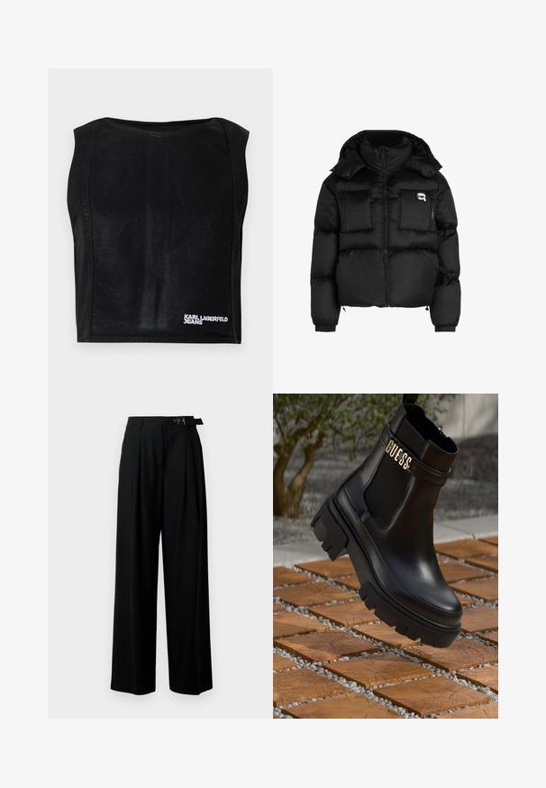 Svart pufferjakke med høy krage, glidelås foran, to store frontlommer og elastiske mansjetter. Glatt, blankt stoff med hette.; Svart ermeløs cropped topp med båthals og hvit «KARL LAGERFELD JEANS»-logo nederst til høyre.; Svarte vide bukser med høy livlinje, folder foran og belte med spenne. Laget av glatt, lett materiale.; Svarte lær ankelstøvler med en kraftig gummisåle, elastiske sidestykker og et gullfarget detalj med "GUESS"-merke.