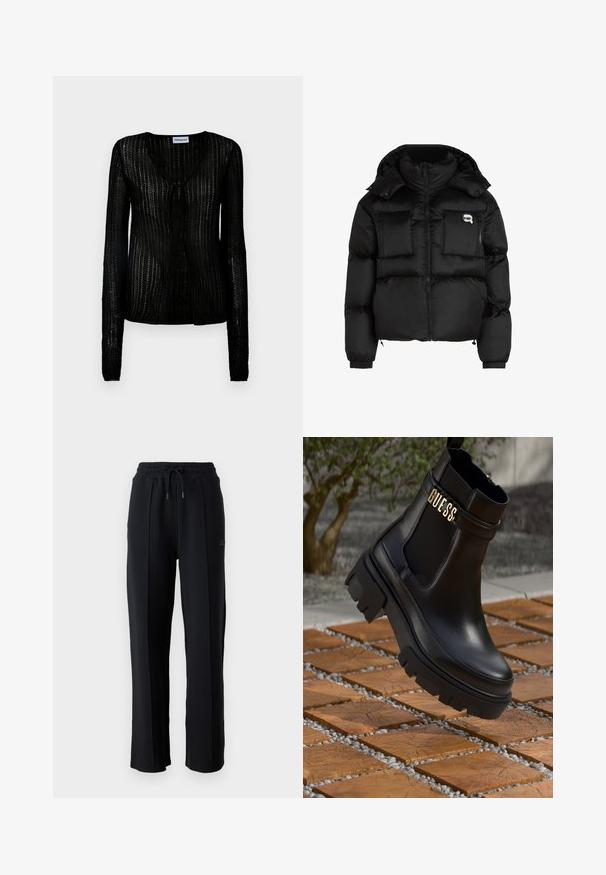 Schwarze Daunenjacke mit hohem Kragen, Reißverschluss vorne, zwei großen Fronttaschen und elastischen Bündchen. Glattes, glänzendes Material mit Kapuze.; Schwarze, leichte Strickjacke mit langen Ärmeln und V-Ausschnitt. Der strukturierte Stoff hat vertikale Streifen und einen vorderen Knopfverschluss.; Schwarze Sweatpants mit lässiger Passform, elastischem Bund, verstellbarem Kordelzug und vertikalen Nähten entlang der Beine. Weicher Stoffeindruck.; Schwarze Leder-Ankle-Boots mit einer groben Gummisohle, elastischen seitlichen Einsätzen und einem goldenen Akzent mit "GUESS"-Markierung.