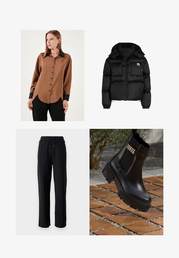 Juodas pūkinis švarkas su aukštu apykakle, užtrauktuku priekyje, dviem didelėm priekinėm kišenėm ir elastingomis rankovėmis. Lygus, blizgus audinys su kapišonu.; Ruda satino marškiniai su juodu apykakle ir rankogaliais, turintys išlenktą apatinę dalį ir juodus mygtukus, dėvimi su juodomis kelnėmis.; Juodi sportiniai džinsai su laisvu siluetu, elastine juosmeniu, reguliuojamu raiščiu ir vertikaliomis siūlėmis palei kojas. Minkšta audinio tekstūra.; Juodos odinės kulkšninių botai su masyviu guminiu padu, elastinėmis šoninėmis detalėmis ir auksine akcento detalė su "GUESS" ženklu.