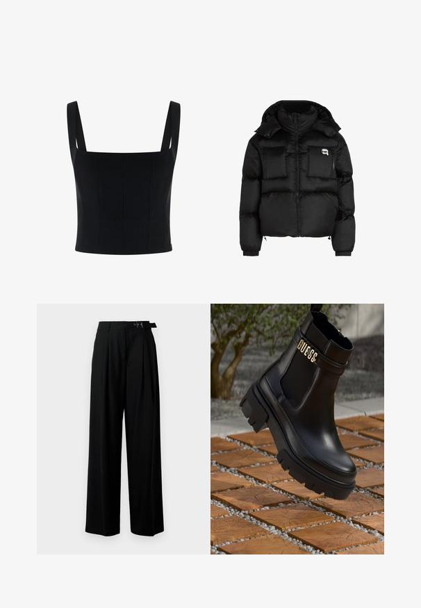 Giacca a vento nera con collo alto, zip frontale, due grandi tasche anteriori e polsini elasticizzati. Tessuto liscio e lucido con cappuccio.; Top nero croppato con spalline larghe, presenta un design strutturato e cuciture verticali per una maggiore forma e dettaglio. Texture liscia.; Pantaloni neri a gamba larga con vita alta, pieghe nella parte anteriore e una cintura con fibbia. Realizzati in tessuto liscio e leggero.; Stivale alla caviglia in pelle nera con suola in gomma spessa, pannelli laterali in elastico e un accento dorato con il marchio "GUESS".
