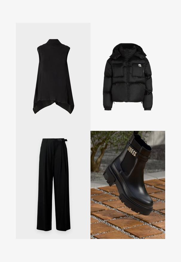 Juodas pūkinis švarkas su aukštu apykakle, užtrauktuku priekyje, dviem didelėm priekinėm kišenėm ir elastingomis rankovėmis. Lygus, blizgus audinys su kapišonu.; Juodas be rankovių bluzonis su struktūrizuotu apykakle, plazdančia medžiaga ir asimetriška apatine dalimi. Lygus paviršius su paprastu, elegantišku dizainu.; Juodos plačios kojų kelnės su aukštu liemeniu, priekinėmis klostėmis ir diržu su sagtimi. Pagamintos iš lygaus, lengvo audinio.; Juodos odinės kulkšninių botai su masyviu guminiu padu, elastinėmis šoninėmis detalėmis ir auksine akcento detalė su "GUESS" ženklu.