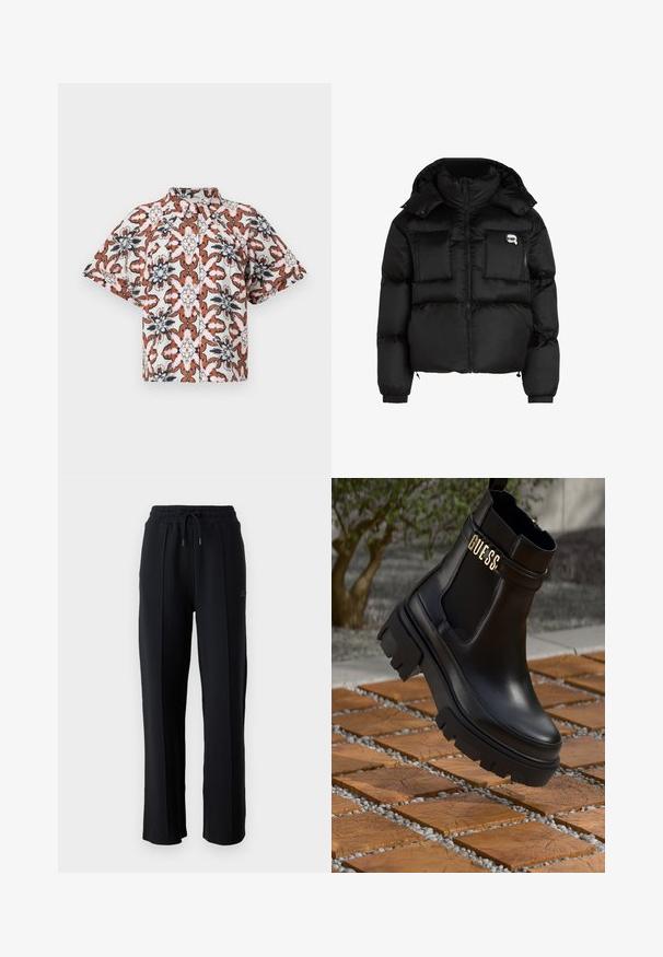 Zwarte puffer jacket met een hoge kraag, ritssluiting aan de voorkant, twee grote zakken aan de voorkant en elastische manchetten. Glad, glanzend materiaal met een kap.; Korte mouwen, button-up overhemd in het wit met een bloemenpatroon in rust, marineblauw en roze tinten. Heeft een mandarin kraag en een relaxte fit.; Zwarte joggingsbroek met een relaxed fit, elastische tailleband, verstelbaar trekkoord en verticale naden langs de benen. Zachte stoffen textuur.; Zwarte leren enkelboot met een chunky rubberen zool, elastische zijpanelen en een gouden accent met "GUESS" branding.