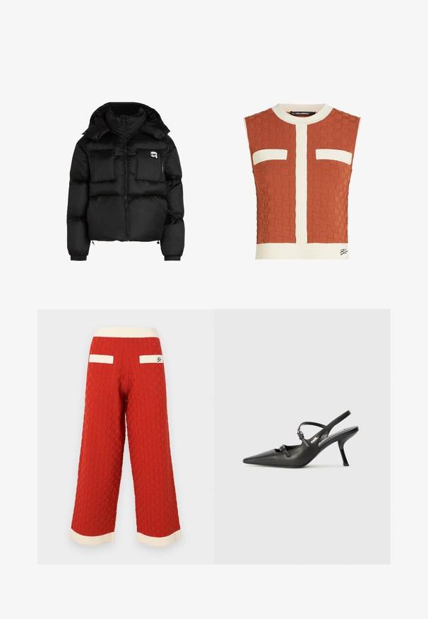 Černá péřová bunda s vysokým límcem, zapínáním na zip, dvěma velkými předními kapsami a elastickými manžetami. Hladká, lesklá látka s kapucí.; Bezramenný top v spálené oranžové barvě, s texturovaným tkaným vzorem, bílými žebrovanými akcenty a dvěma náprsními kapsami s bílými okraji.; Červené texturované široké kalhoty s mřížkovaným vzorem, vybavené krémově bílým žebrovaným pasem a kapsami.; Černé kožené lodičky na boku s špičatou špičkou, štíhlým podpatkem a dekorativní přezkou na nártu. Hladká textura a elegantní design.