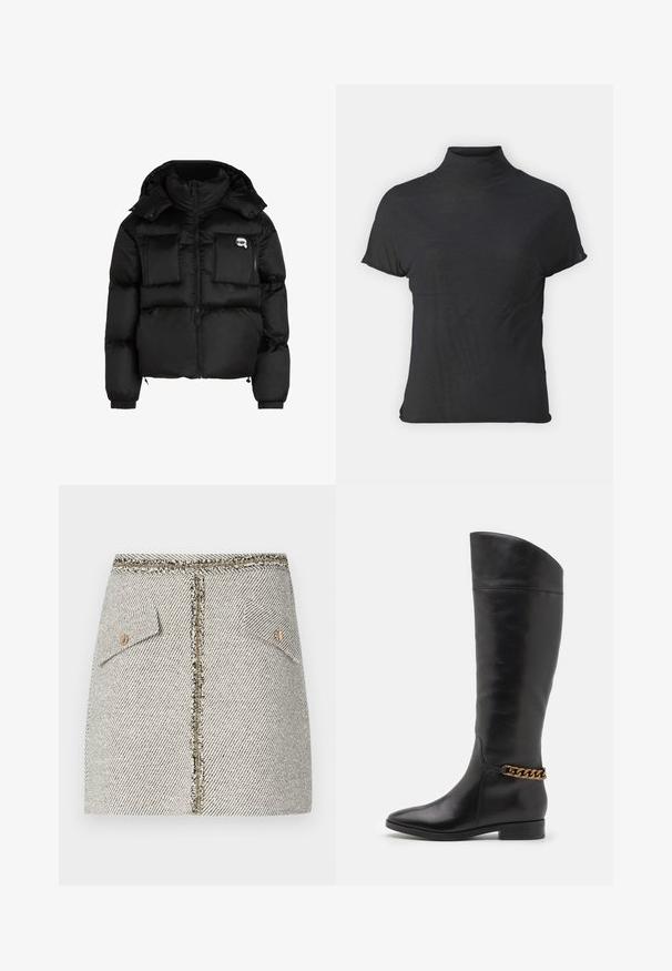 Chaqueta de plumas negra con cuello alto, cierre frontal con cremallera, dos grandes bolsillos delanteros y puños elásticos. Tela suave y brillante con capucha.; Top negro de manga corta y cuello alto, hecho de una tela ligera con una textura suave y una forma ajustada, que presenta un escote alto.; Falda de tweed tejido en un patrón de espiga blanco y negro, presenta dos bolsillos frontales y una cremallera en tono dorado en la parte trasera con bordes deshilachados.; Botas altas de cuero negro con un diseño elegante, punta afilada y un acento de cadena dorada en el tobillo. Tacón bajo tipo bloque. Textura suave.
