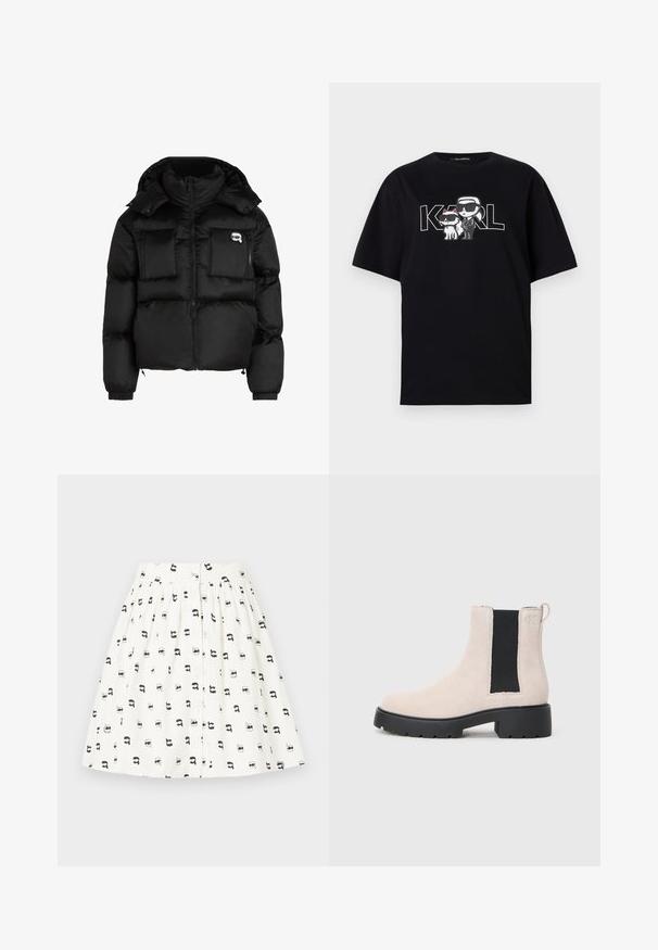 Zwarte puffer jacket met een hoge kraag, ritssluiting aan de voorkant, twee grote zakken aan de voorkant en elastische manchetten. Glad, glanzend materiaal met een kap.; Zwart katoen t-shirt met een grafische print van twee cartoonfiguren met zonnebrillen, vergezeld van de tekst "KARL" in vette letters.; Witte stoffen rok met een patroon van kleine zwarte cartoons gezichten met verschillende accessoires. Het heeft een knoopsluiting aan de voorkant en een gathered taille.; Beige suède Chelsea-boot met zwarte elastische zijpaneel, robuuste zwarte zool en een trekhaak bij de enkel.