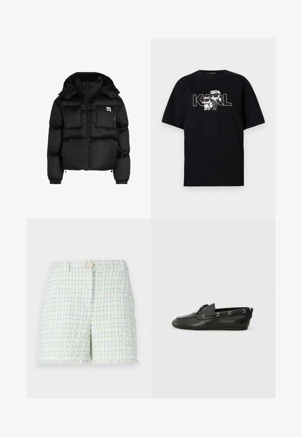 Svart pufferjakke med høy krage, glidelås foran, to store frontlommer og elastiske mansjetter. Glatt, blankt stoff med hette.; Svart bomulls t-skjorte med et grafisk trykk av to tegneseriFigurer med solbriller, sammen med teksten "KARL" i fete bokstaver.; Tweed shorts i lyseblå og lys gul med et teksturert rutenettmønster. Har en front knappelukking og skreddersydd passform.; Sorte lærbådsko med rund tå, snøring foran, metaløjer og flad sål. Har en lille lap bagpå.