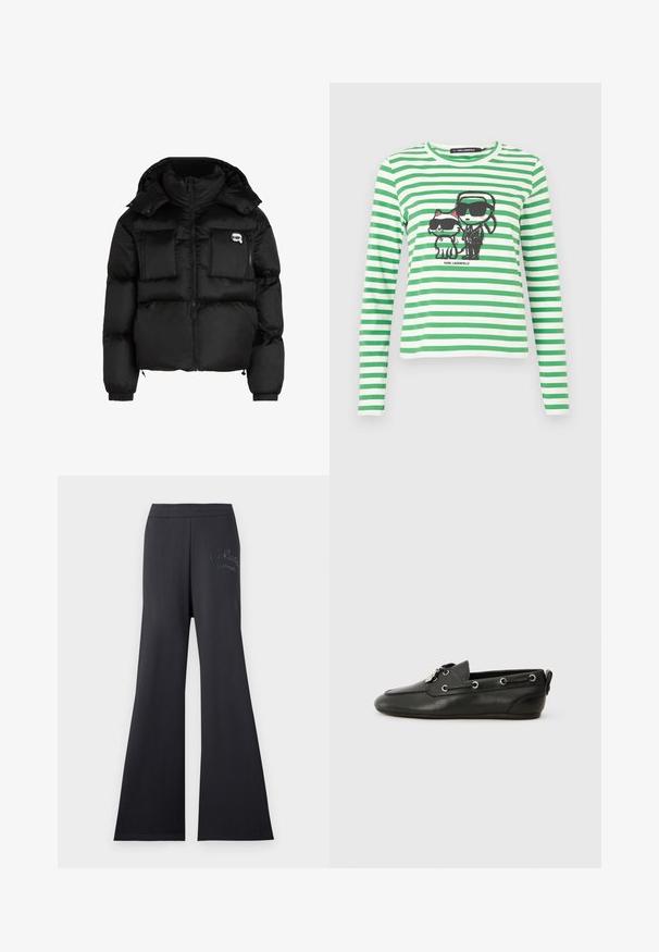 Black puffer jacket featuring a high collar, zippered front, two large front pockets, and elastic cuffs. Smooth, shiny fabric with a hood.; Green and white striped long-sleeve shirt featuring a graphic of a character and a cat, both wearing sunglasses, with a round neckline.; Black wide-leg pants with an elastic waistband, made of soft fabric. Features embroidered logo detail in a contrasting color on the side.; Black leather boat shoes with rounded toe, lace-up front, metal eyelets, and a flat sole. Features a small tab at the back.