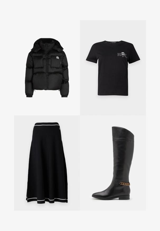 Juodas pūkinis švarkas su aukštu apykakle, užtrauktuku priekyje, dviem didelėm priekinėm kišenėm ir elastingomis rankovėmis. Lygus, blizgus audinys su kapišonu.; Juodas trumpomis rankovėmis marškinėliai, pagaminti iš medvilnės. Puošia balta grafika su tekstu "KARL" ir stilizuotu figūra ant krūtinės. Apvalus iškirpimas.; Juoda mezginė sijonas su išplėsta siluetu, turintis baltą raukinį juosmens dalyje ir baltas akcento juosteles prie apatinio krašto. Lygus paviršius.; Aukšti juodi odiniai batai su liekna forma, smailiu smaigaliu ir aukso grandinėlės akcentu ties kulkšnimi. Žemas bloko kulnas. Lygi tekstūra.