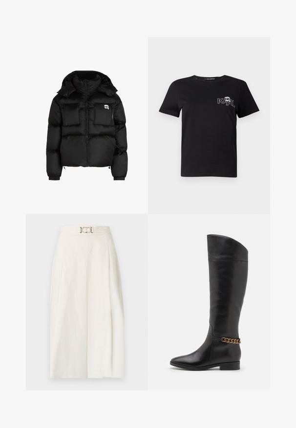 Chaqueta de plumas negra con cuello alto, cierre frontal con cremallera, dos grandes bolsillos delanteros y puños elásticos. Tela suave y brillante con capucha.; Camiseta de algodón de manga corta en color negro. Cuenta con un gráfico blanco que presenta el texto "KARL" y una figura estilizada en el pecho. Cuello redondo.; Pantalones de pierna ancha en tejido de algodón blanco. Presentan una cintura alta con un pleat frontal y un detalle de hebilla metálica. Textura suave.; Botas altas de cuero negro con un diseño elegante, punta afilada y un acento de cadena dorada en el tobillo. Tacón bajo tipo bloque. Textura suave.