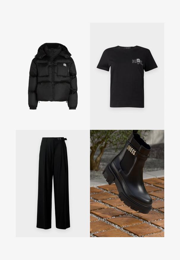 Black puffer jacket featuring a high collar, zippered front, two large front pockets, and elastic cuffs. Smooth, shiny fabric with a hood.; Black short-sleeve t-shirt made of cotton. Features a white graphic with the text "KARL" and a stylized figure on the chest. Round neckline.; Black wide-leg trousers with a high waist, pleats at the front, and a belt featuring a buckle. Made from smooth, lightweight fabric.; Black leather ankle boot featuring a chunky rubber sole, elastic side panels, and a gold accent with "GUESS" branding.