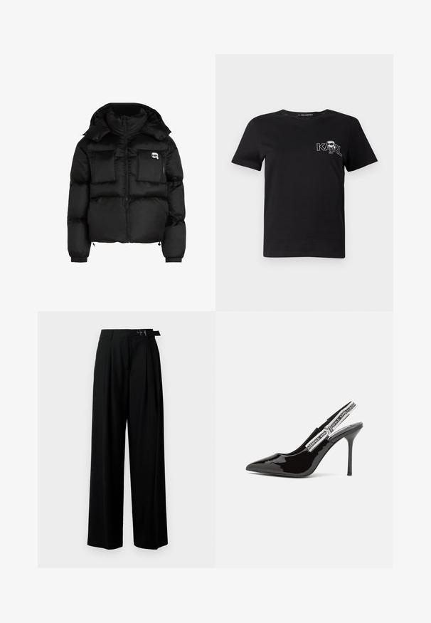 Fekete puffertakó, magas gallérral, cipzáras elülső résszel, két nagy elülső zsebbel és rugalmas mandzsettákkal. Sima, fényes anyagból készült, kapucnival.; Fekete, rövid ujjú póló pamutból. Fehér grafikával rendelkezik, amelyen a "KARL" felirat és egy stilizált figura látható a mellkason. Kerek nyakkivágással.; Fekete, bő szárú nadrág magas derékkal, elöl pliszírozva, és csattal ellátott övvel. Simább, könnyű anyagból készült.; Fekete lakkbőr, hegyes orrú, slingback magassarkú cipők vékony stiletto sarkal és márkázott elasztikus pánttal. Sima textúra, elegáns dizájn.