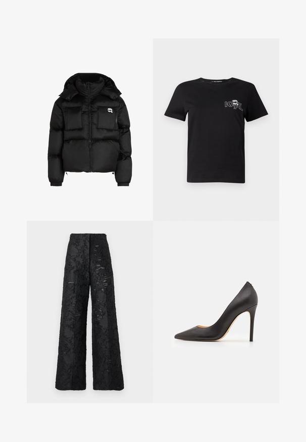 Doudoune noire avec col haut, fermeture éclair à l'avant, deux grandes poches avant et poignets élastiques. Tissu lisse et brillant avec capuche.; T-shirt noir à manches courtes en coton. Présente un graphique blanc avec le texte "KARL" et une figure stylisée sur la poitrine. Encolure ronde.; Pantalons amples noirs en tissu texturé avec un motif floral. Dotés d'une taille haute et d'une finition lisse.; Pompe à talon haut en cuir noir avec un bout pointu et une texture lisse, présentant un talon élancé et un design minimaliste.