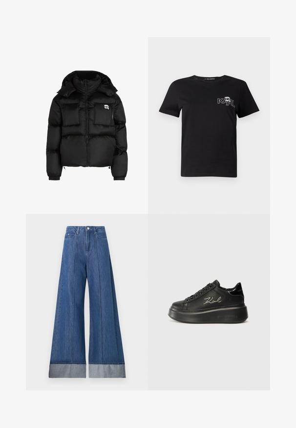 Svart pufferjakke med høy krage, glidelås foran, to store frontlommer og elastiske mansjetter. Glatt, blankt stoff med hette.; Svart kortermet t-skjorte laget av bomull. Har et hvitt grafisk trykk med teksten "KARL" og en stilisert figur på brystet. Rund hals.; Bredde ben jeans i middels blå denim, med høy midje, to frontlommer og en kontrasterende lysere denimmanchett ved kanten.; Sorte plattform sneakers med en glatt skinnoverdel, flate lisser og brodert "Karl"-logo på siden. Rund tå og tykk såle.