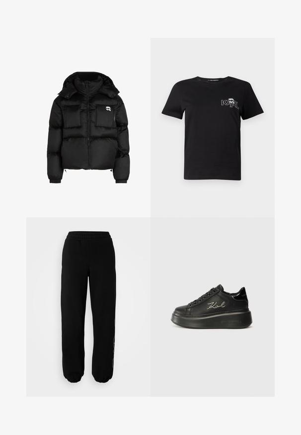 Melna pūķa jaka ar augstu apkakli, ar rāvējslēdzēju priekšpusē, divām lielām priekšējām kabatām un elastīgām aprocēm. Gluda, spīdīga auduma jaka ar kapuci.; Melnas īsām piedurknēm T-krekls, izgatavots no kokvilnas. Ar baltu grafiku, kurā rakstīts "KARL" un stilizēta figūra uz krūšu daļas. Apaļš kakla izgriezums.; Melni sporta bikses ar elastīgu jostasvietu un aprocēm. Izgatavotas no mīkstas auduma, uz kuras ir smalks dizaina elements kreisajā kājā.; Melni platformas sporta apavi, kas izgatavoti no gludas ādas, ar plakaniem šņorēm un izšūtu "Karl" logo sānos. Apaļa purngala un bieza zole.
