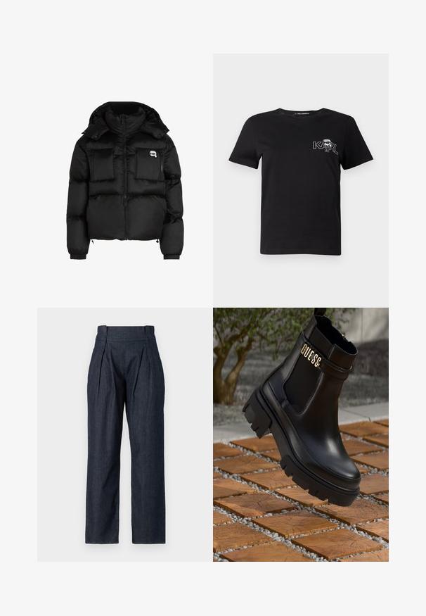 Svart pufferjakke med høy krage, glidelås foran, to store frontlommer og elastiske mansjetter. Glatt, blankt stoff med hette.; Svart kortermet t-skjorte laget av bomull. Har et hvitt grafisk trykk med teksten "KARL" og en stilisert figur på brystet. Rund hals.; Mørke denim bukser med høy midje, vid benform, frontplisser og en jevn tekstur. Har beltehemper og ingen synlig maskinvare.; Svarte lær ankelstøvler med en kraftig gummisåle, elastiske sidestykker og et gullfarget detalj med "GUESS"-merke.