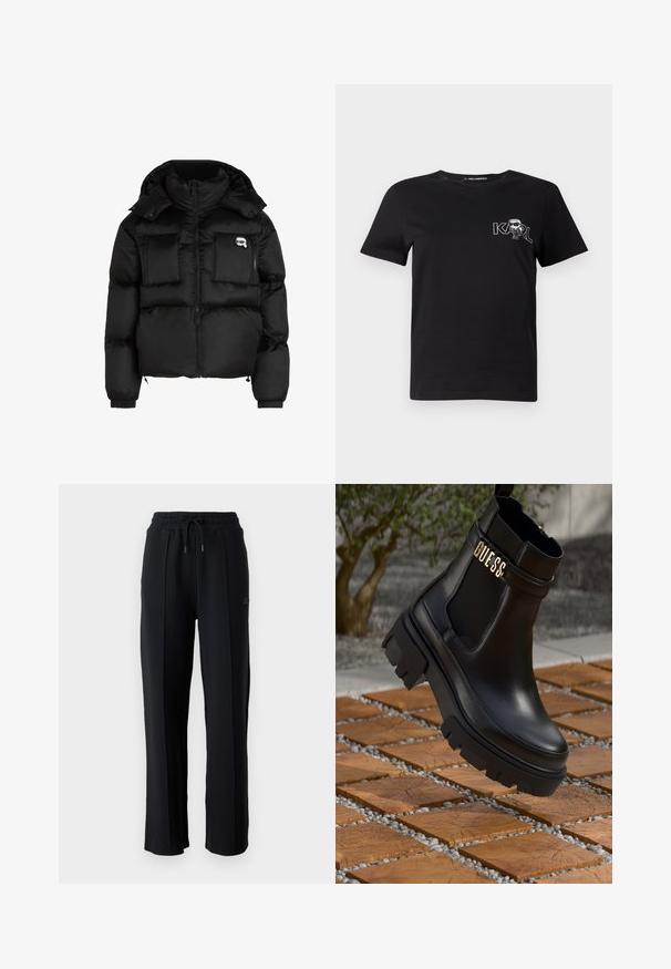 Melna pūķa jaka ar augstu apkakli, ar rāvējslēdzēju priekšpusē, divām lielām priekšējām kabatām un elastīgām aprocēm. Gluda, spīdīga auduma jaka ar kapuci.; Melnas īsām piedurknēm T-krekls, izgatavots no kokvilnas. Ar baltu grafiku, kurā rakstīts "KARL" un stilizēta figūra uz krūšu daļas. Apaļš kakla izgriezums.; Melni sporta bikses ar brīvu piegriezumu, elastīgu jostasvieta, regulējamu auklu un vertikālām šuvēm gar kājām. Mīksta auduma tekstūra.; Melna ādas potīšu zābaku ar masīvu gumijas zoli, elastīgām sānu paneļiem un zelta akcents ar "GUESS" zīmola nosaukumu.