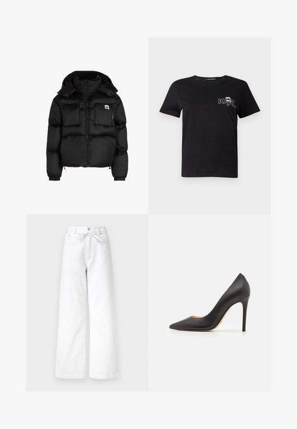 Musta pumpattu takki, jossa on korkea kaulus, vetoketjullinen etuosa, kaksi suurta etutaskua ja joustavat hihansuut. Sujuva, kiiltävä kangas huppuna.; Lyhythihainen musta t-paita, joka on valmistettu puuvillasta. Paidassa on valkoinen graafinen kuvasto, jossa on teksti "KARL" ja tyylitelty hahmo rintamuksessa. Pyöreä pääntie.; Valkoiset leveälahkeet farkut, jotka on valmistettu puuvillasta. Niissä on korkea vyötärö, nappi- ja vetoketjukiinnitys sekä nyöridetail vyötärölle.; Musta nahkainen korkeakorkoinen pumpun malli, jossa on terävä kärki ja sileä rakenne, ohut korko ja minimalistinen muotoilu.