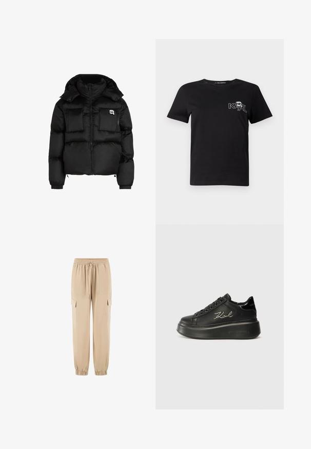 Must mustjakker, millel on kõrge krae, lukuga esiosa, kaks suurt eesmist taskut ja elastsed mansetid. Sile, läikiv kangas kapuutsiga.; Must ja lühikeste varrukatega T-särk, mis on valmistatud puuvillast. Esiküljel on valge graafika tekstiga "KARL" ning stiliseeritud kuju. Ümar kaelus.; Beez värvi cargo-püksid pehmest kangast, millel on elastsest materjalist vöökoht, nöör ja küljetaskud. Kitsenev jalg koos elastsete varrukatega.; Mustad mustad sneakerid, millel on sile nahkpind, tasased paelad ja brodheeritud "Karl" logo külje peal. Ümmargune varvas ja paks tald.