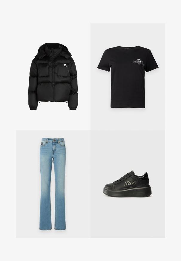 Casaco puffer preto com gola alta, fecho zip, dois bolsos grandes à frente e punhos elásticos. Tecido liso e brilhante com capuz.; T-shirt preto de manga curta, feito de algodão. Apresenta uma gráfica branca com o texto "KARL" e uma figura estilizada no peito. Decote redondo.; Jeans pais de flared em azul claro, feitos de denim com um acabamento desbotado, apresentando um design clássico de cinco bolsos e fecho de botão de metal.; Tênis plataforma pretos com superior em couro liso, atacadores planos e o logótipo "Karl" bordado na lateral. Bico arredondado e sola espessa.