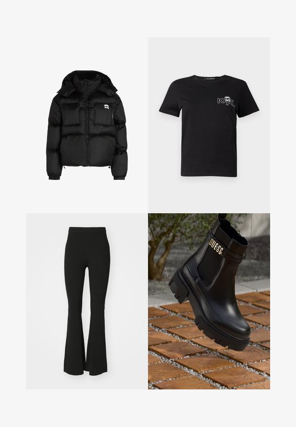 Zwarte puffer jacket met een hoge kraag, ritssluiting aan de voorkant, twee grote zakken aan de voorkant en elastische manchetten. Glad, glanzend materiaal met een kap.; Zwarte korte mouwen t-shirt van katoen. Heeft een witte grafische print met de tekst "KARL" en een gestileerde figuur op de borst. Ronde hals.; Zwarte flarepants van rekbare stof, met een hoge taille en een glad, onversierd oppervlak. Eenvoudig en aansluitend ontwerp.; Zwarte leren enkelboot met een chunky rubberen zool, elastische zijpanelen en een gouden accent met "GUESS" branding.