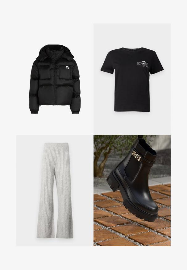 Svart pufferjakke med høy krage, glidelås foran, to store frontlommer og elastiske mansjetter. Glatt, blankt stoff med hette.; Svart kortermet t-skjorte laget av bomull. Har et hvitt grafisk trykk med teksten "KARL" og en stilisert figur på brystet. Rund hals.; Grå ribbestrikkede vide bukser med et teksturert mønster og elastisk liv, med en myk stofffinish.; Svarte lær ankelstøvler med en kraftig gummisåle, elastiske sidestykker og et gullfarget detalj med "GUESS"-merke.