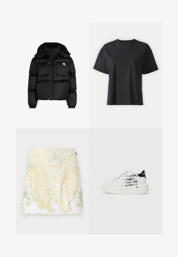 Schwarze Daunenjacke mit hohem Kragen, Reißverschluss vorne, zwei großen Fronttaschen und elastischen Bündchen. Glattes, glänzendes Material mit Kapuze.; Schwarzes kurzärmliges Baumwoll-T-Shirt mit lockerer Passform und kontrastierendem Seitenpanel, das kleine Text- und Designdetails aufweist.; Kurzes Kleid mit einem fließenden Design, das ein hellgelbes und grünes Wirbelmuster zeigt und einen gewellten Saum hat, der in leuchtendem Gelb umrandet ist.; Weiße Plattform-Sneaker mit schwarzen Akzenten, ausgestattet mit einer strukturierten Sohle und handgeschriebenem Text an den Seiten. Hergestellt aus glattem Leder.