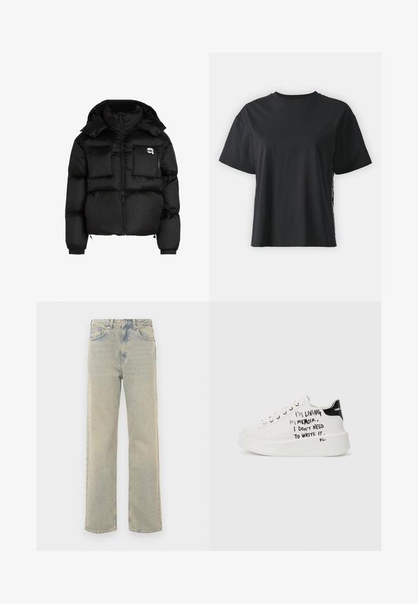Čierna prešívaná bunda s vysokým golierom, so zipsom vpredu, dvoma veľkými prednými vreckami a elastickými manžetami. Hladká, lesklá tkanina s kapucňou.; Čierne tričko s krátkym rukávom z bavlny, vo voľnom strihu, s kontrastným postranným panelom, na ktorý sú umiestnené malé nápisy a designové detaily.; Svetlo modré denimové nohavice s širokými nohavicami a vyblednutým vzhľadom, ozdobené striebornými cvokmi usporiadanými do kruhových vzorov na prednej strane.; Biele platformové tenisky s čiernymi akcentmi, vybavené textúrovanou podrážkou a ručne písaným textom na bočných stranách. Hladký kožený materiál.