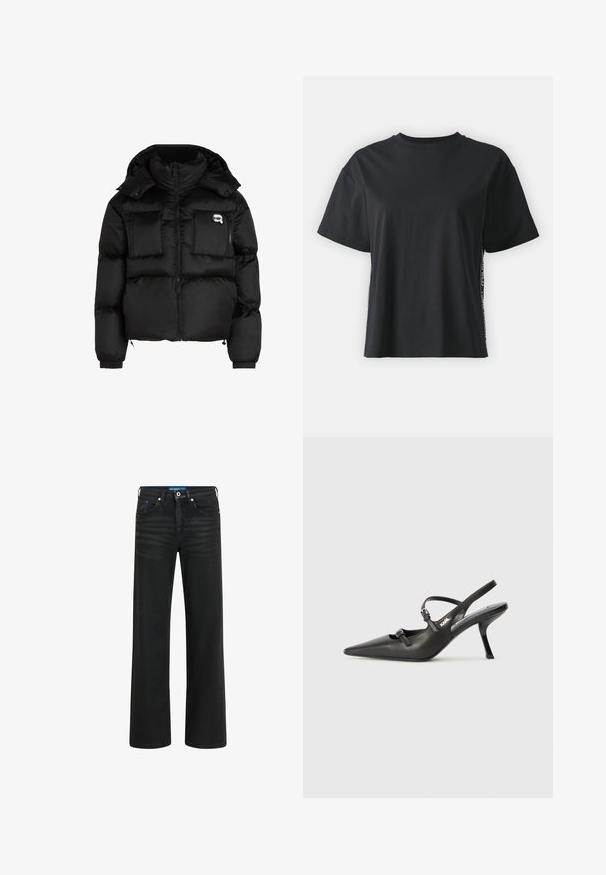 Crni puffer jakna s visokim ovratnikom, zatvorenjem na zip, dva velika prednja džepa i elastičnim rukavima. Glatka, sjajna tkanina s kapuljačom.; Crna pamučna majica kratkih rukava s opuštenim krojem i kontrastnim bočnim panelom koji sadrži sitan tekst i detalje dizajna.; Crne traperice širokih nogavica, izrađene od denima, s kopčanjem na gumb i zip, pet džepova i suptilnim izbjeljivanjem na tkanini.; Crne kožne štikle sa otvorenom petom, s uskim vrhom i dekorativnom kopčom na gornjem dijelu. Glatka tekstura i elegantan dizajn.