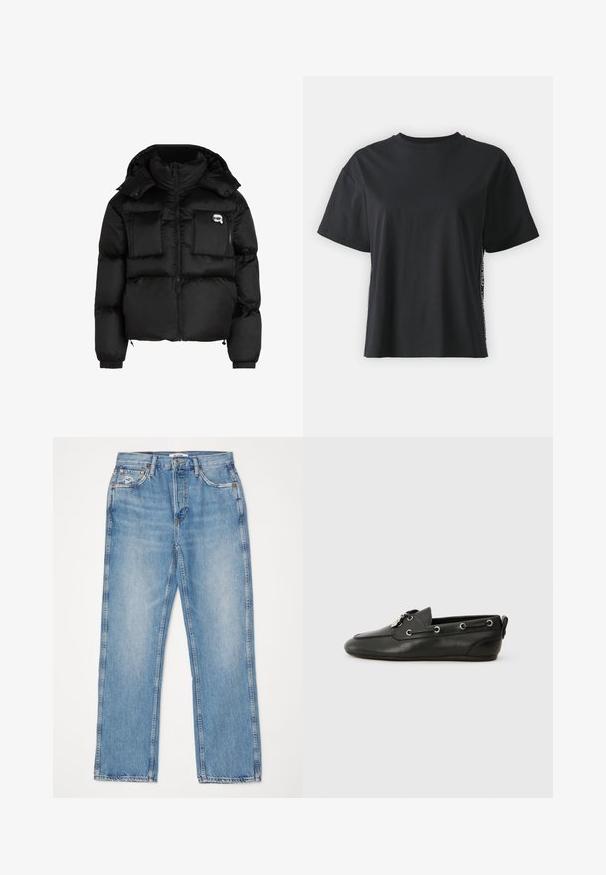 Črn puhovka z visokim ovratnikom, zadrgo spredaj, dvema velikima sprednjima žepoma in elastičnimi manšeti. Gladek, sijoč material s kapuco.; Črna bombažna majica s kratkimi rokavi, sproščenega kroja z kontrastnim stranskim panelom, ki vsebuje majhne besedilne in oblikovne podrobnosti.; RE/DONE HIGH RISE - Ravne kavbojke - worn blue; Črne usnjene čolnarske čevlje z zaobljenim prstom, zavezovanjem spredaj, kovinskimi očesci in ravnim podplatom. Imajo majhen trak na zadnji strani.
