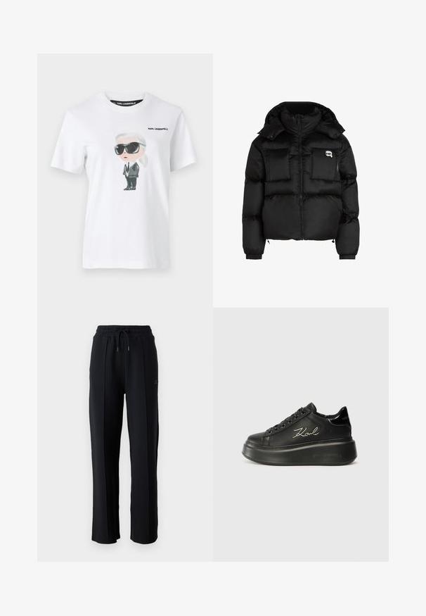 Juodas pūkinis švarkas su aukštu apykakle, užtrauktuku priekyje, dviem didelėm priekinėm kišenėm ir elastingomis rankovėmis. Lygus, blizgus audinys su kapišonu.; Balta medvilnė marškinėliai su grafiniu piešiniu, kuriame pavaizduotas personažas juodais akinių nuo saulės ir kostiumu. Etiketė skaito "KARL LAGERFELD."; Juodi sportiniai džinsai su laisvu siluetu, elastine juosmeniu, reguliuojamu raiščiu ir vertikaliomis siūlėmis palei kojas. Minkšta audinio tekstūra.; Juodi platforminiai sportbačiai su lygiu odiniu viršumi, plokščiomis raištelėmis ir išsiuvinėtu "Karl" logotipu šone. Apvalūs pirštai ir storas padas.
