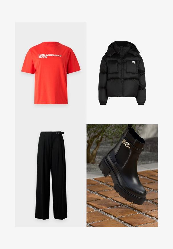 Juodas pūkinis švarkas su aukštu apykakle, užtrauktuku priekyje, dviem didelėm priekinėm kišenėm ir elastingomis rankovėmis. Lygus, blizgus audinys su kapišonu.; Raudonas medvilninis marškinėliai su trumpomis rankovėmis ir apvalia iškirpte. Priekyje matoma balta užrašas "KARL LAGERFELD JEANS" ryškiu šriftu.; Juodos plačios kojų kelnės su aukštu liemeniu, priekinėmis klostėmis ir diržu su sagtimi. Pagamintos iš lygaus, lengvo audinio.; Juodos odinės kulkšninių botai su masyviu guminiu padu, elastinėmis šoninėmis detalėmis ir auksine akcento detalė su "GUESS" ženklu.