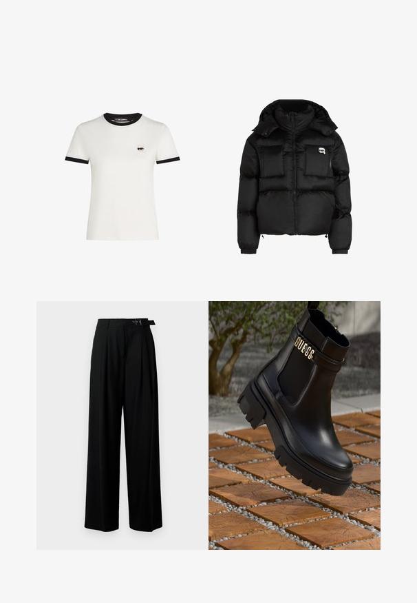 Fekete puffertakó, magas gallérral, cipzáras elülső résszel, két nagy elülső zsebbel és rugalmas mandzsettákkal. Sima, fényes anyagból készült, kapucnival.; Fehér pamut póló fekete bordázott nyakkivágással és ujjak végén. A bal mellen egy kis hímzett rajzfilmszerű arc design található.; Fekete, bő szárú nadrág magas derékkal, elöl pliszírozva, és csattal ellátott övvel. Simább, könnyű anyagból készült.; Fekete bőr bokacsizma tömzsi gumitalppal, elasztikus oldalsó panelekkel és arany részletként a "GUESS" márkázással.