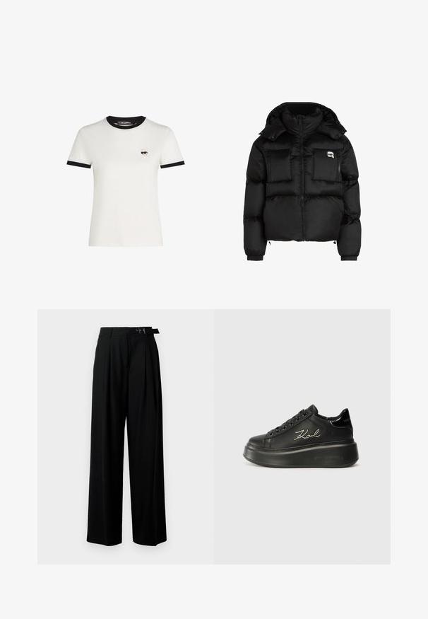 Musta pumpattu takki, jossa on korkea kaulus, vetoketjullinen etuosa, kaksi suurta etutaskua ja joustavat hihansuut. Sujuva, kiiltävä kangas huppuna.; Valkoinen puuvillapaita, jossa on musta ribbineulekaula-aukko ja hihansuut. Paidassa on pieni kirjailtu sarjakuvakasvodesign vasemmalla rinnalla.; Mustat leveät housut korkealla vyötäröllä, etuosassa laskokset ja soljellinen vyö. Valmistettu sileästä ja kevyestä kankaasta.; Musta alusta tennarit, joissa on sileä nahka-ystävä, tasaiset nauhat ja kirjailtu "Karl"-logo sivulla. Pyöreä kärki ja paksu pohja.