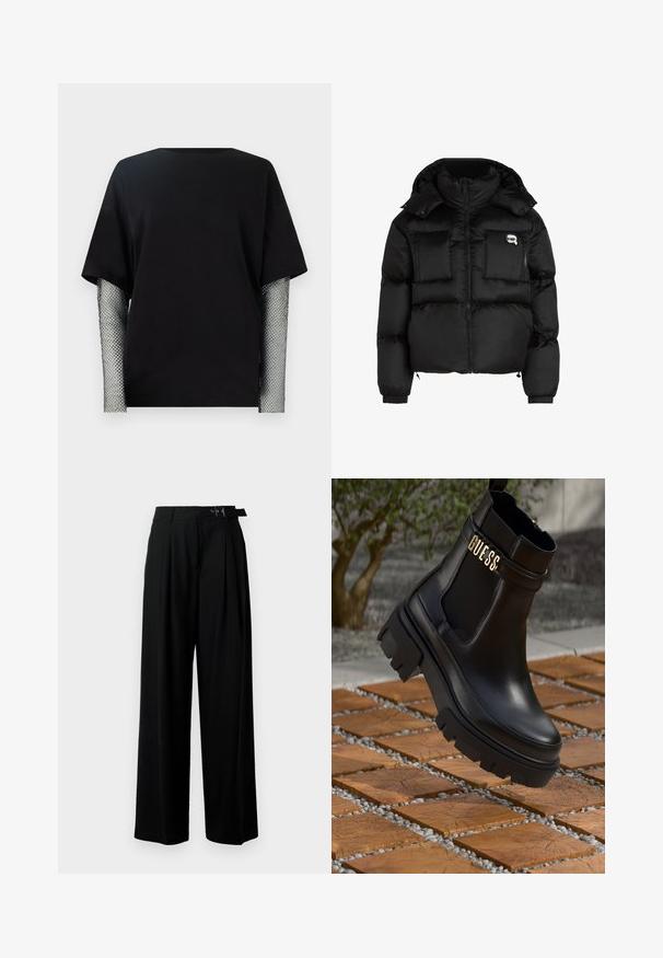 Schwarze Daunenjacke mit hohem Kragen, Reißverschluss vorne, zwei großen Fronttaschen und elastischen Bündchen. Glattes, glänzendes Material mit Kapuze.; Schwarzes T-Shirt mit kurzen Ärmeln und rundem Halsausschnitt, mit metallischen Mesh-Ärmeln im Diamantmuster. Glattes Baumwollmaterial, lockere Passform.; Schwarze weit geschnittene Hosen mit hoher Taille, Falten an der Vorderseite und einem Gürtel mit Schnalle. Hergestellt aus glattem, leichtem Stoff.; Schwarze Leder-Ankle-Boots mit einer groben Gummisohle, elastischen seitlichen Einsätzen und einem goldenen Akzent mit "GUESS"-Markierung.