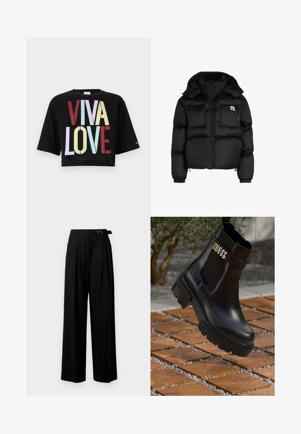 Chaqueta de plumas negra con cuello alto, cierre frontal con cremallera, dos grandes bolsillos delanteros y puños elásticos. Tela suave y brillante con capucha.; Camiseta corta negra con un audaz gráfico "VIVA LOVE" en texto rojo, amarillo, azul y púrpura claro. Mangas cortas y cuello redondo.; Pantalones de pierna ancha negros con cintura alta, pliegues en la parte delantera y un cinturón con hebilla. Confeccionados con una tela suave y liviana.; Botín de cuero negro que presenta una suela de goma gruesa, paneles laterales elásticos y un acento dorado con la marca "GUESS".