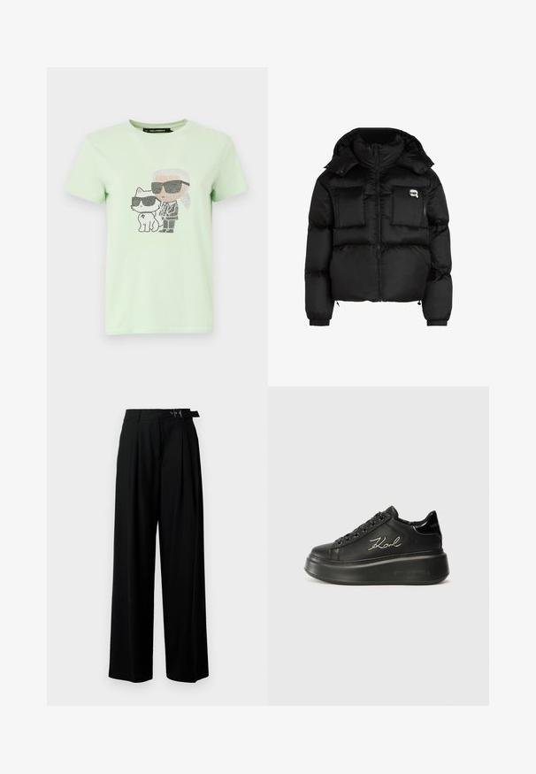 Must mustjakker, millel on kõrge krae, lukuga esiosa, kaks suurt eesmist taskut ja elastsed mansetid. Sile, läikiv kangas kapuutsiga.; Hele roheline puuvillane T-särk, millel on iseloom ja kass, mõlemad kannavad prisme. Ümar kaelus ja lühikesed varrukad.; Mustad kõrge vöökohaga mustad laiad püksid, millel on ees voldid ja vöö, millel on pandla. Valmistatud siledast ja kergest kangast.; Mustad mustad sneakerid, millel on sile nahkpind, tasased paelad ja brodheeritud "Karl" logo külje peal. Ümmargune varvas ja paks tald.