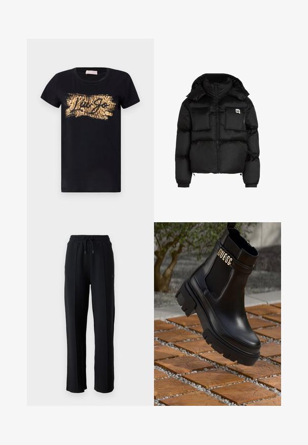 Sort oppustelig jakke med høj krave, lynlåslukning foran, to store forlommer og elastiske manchetter. Glat, blankt stof med hætte.; Sort bomulds t-shirt med korte ærmer og rund hals, med et trykt design i guld og brunt, der har teksten "Liu Jo."; Sorte sweatpants med afslappet pasform, elastisk taljebånd, justerbar snøre og lodrette sømme langs benene. Blød stoftekstur.; Sort læder ankelstøvle med kraftig gummisål, elastiske sidepaneler og en guldaccent med "GUESS" branding.