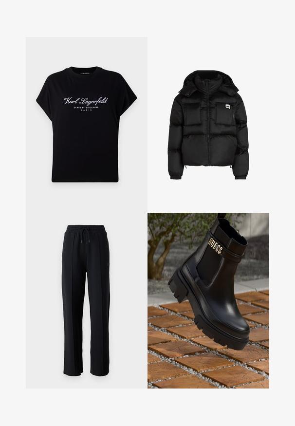 Juodas pūkinis švarkas su aukštu apykakle, užtrauktuku priekyje, dviem didelėm priekinėm kišenėm ir elastingomis rankovėmis. Lygus, blizgus audinys su kapišonu.; Juodas per didelis T-shirt, pagamintas iš medvilnės. Turi trumpas rankoves ir apvalų iškirpimą. Priekyje yra baltas užrašas: "Karl Lagerfeld 21 RUE ST-GUILLAUME PARIS."; Juodi sportiniai džinsai su laisvu siluetu, elastine juosmeniu, reguliuojamu raiščiu ir vertikaliomis siūlėmis palei kojas. Minkšta audinio tekstūra.; Juodos odinės kulkšninių botai su masyviu guminiu padu, elastinėmis šoninėmis detalėmis ir auksine akcento detalė su "GUESS" ženklu.
