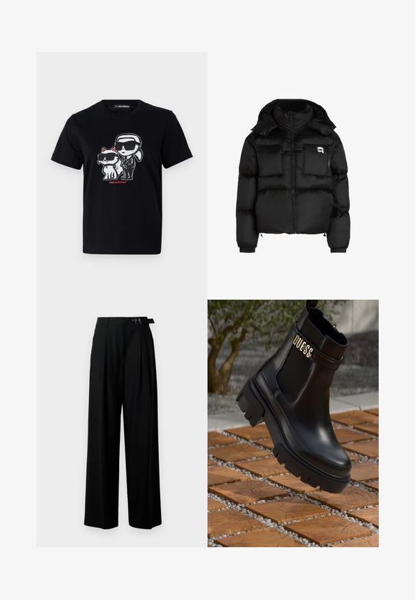 Svart pufferjacka med hög krage, zippered front, två stora framfickor och elastiska ärmslut. Slät, glänsande tyg med huva.; Svart bomullströja med en grafisk tryck av en karaktär och en katt, båda iförda solglasögon, med röd text nedanför.; Svarta byxor med vida ben och hög midja, med veck framtill och ett bälte med spänne. Tillverkade av ett mjukt, lätt tyg.; Svart läderankelsko med en kraftig gummisul, elastiska sidopaneler och en guldfinish med "GUESS"-logotyp.