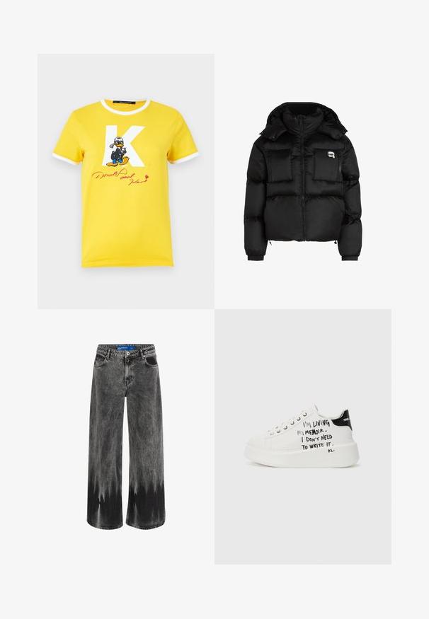 Melna pūķa jaka ar augstu apkakli, ar rāvējslēdzēju priekšpusē, divām lielām priekšējām kabatām un elastīgām aprocēm. Gluda, spīdīga auduma jaka ar kapuci.; Dzeltena kokvilnas T-krekls ar baltu apkakli un piedurknēm. Iekļauj lielu baltu 'K' un Džonija Pīļu grafiku ar tekstu "Donald Duck" sarkanā krāsā.; Platas kājas džinsi izfaded melnas džinsa auduma, ar krāsu pārmaiņu efektu, tērauda aksesuāriem un klasisku piecu kabatu dizainu ar standarta jostasvietu.; Baltie platformas kedas ar melniem akcentiem, ar teksturētu zoli un roku rakstītu tekstu sānos. Gludas ādas materiāls.