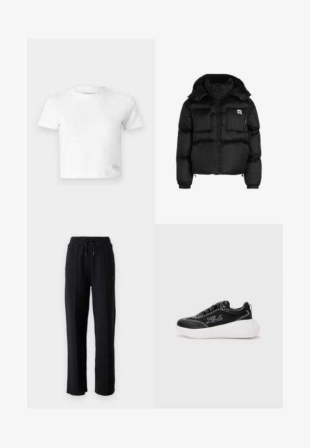 Giacca a vento nera con collo alto, zip frontale, due grandi tasche anteriori e polsini elasticizzati. Tessuto liscio e lucido con cappuccio.; T-shirt cropped bianco realizzato in cotone liscio, con un collo alto e maniche corte. Piccolo logo ricamato nell'angolo inferiore.; Pantaloni della tuta neri con una vestibilità rilassata, vita elastica, cordoncino regolabile e cuciture verticali lungo le gambe. Tessuto morbido.; Sneaker nera con suola bianca, realizzata in pelle e tessuto. Presenta cuciture a contrasto e un logo sul lato. Tacco leggermente rialzato.
