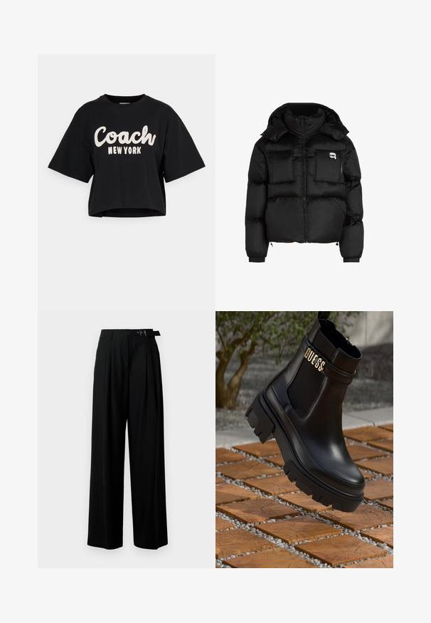 Svart pufferjacka med hög krage, zippered front, två stora framfickor och elastiska ärmslut. Slät, glänsande tyg med huva.; Svart kortärmad t-shirt i bomull, med stor vit text "Coach New York" på framsidan och korta ärmar. Slät textur.; Svarta byxor med vida ben och hög midja, med veck framtill och ett bälte med spänne. Tillverkade av ett mjukt, lätt tyg.; Svart läderankelsko med en kraftig gummisul, elastiska sidopaneler och en guldfinish med "GUESS"-logotyp.