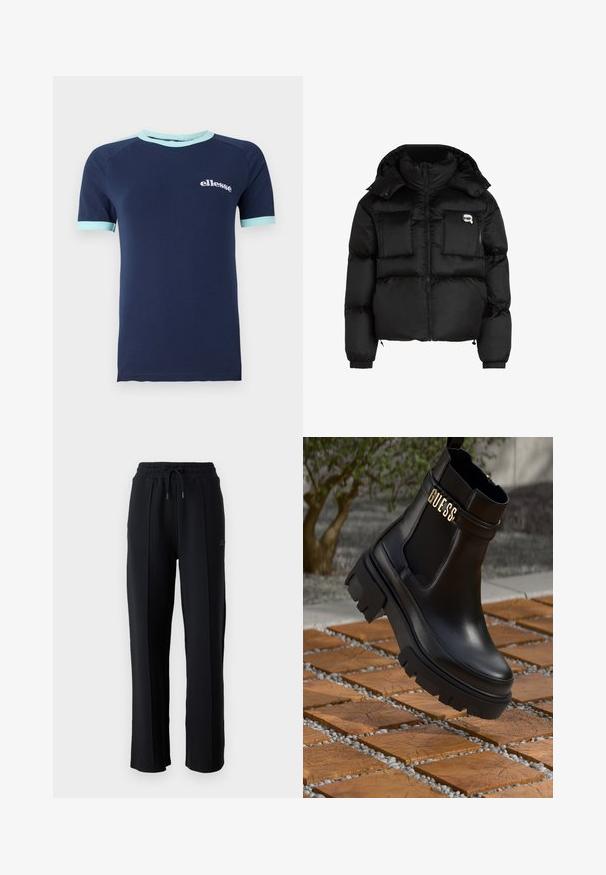 Černá péřová bunda s vysokým límcem, zapínáním na zip, dvěma velkými předními kapsami a elastickými manžetami. Hladká, lesklá látka s kapucí.; Námořnická modrá přírodní bavlněná tričko s krátkým rukávem, má světle modré lemování na límci a rukávech, s bílým logem "ellesse" na přední straně.; Černé tepláky s volným střihem, elastickým pasem, nastavitelnou šňůrkou a vertikálními švy podél nohavic. Měkká textilie.; Černé kožené kotníkové boty s masivní gumovou podrážkou, elastickými bočními panely a zlatým akcentem s logem "GUESS".