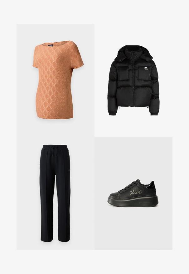 Černá péřová bunda s vysokým límcem, zapínáním na zip, dvěma velkými předními kapsami a elastickými manžetami. Hladká, lesklá látka s kapucí.; Krátký rukáv, texturovaný top v jemné oranžové barvě s diamantovým vzorem. Má kulatý výstřih a volný střih.; Černé tepláky s volným střihem, elastickým pasem, nastavitelnou šňůrkou a vertikálními švy podél nohavic. Měkká textilie.; Černé platformové tenisky s hladkým koženým svrškem, plochými tkaničkami a vyšitou logem "Karl" na boku. Kulatá špička a silná podrážka.