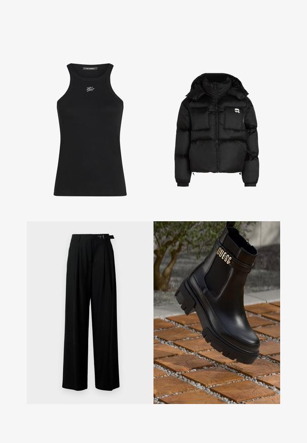 Zwarte puffer jacket met een hoge kraag, ritssluiting aan de voorkant, twee grote zakken aan de voorkant en elastische manchetten. Glad, glanzend materiaal met een kap.; Zwarte geribde tanktop met een ronde hals en smalle schouderbandjes. Heeft een klein wit logo op de borst.; Zwarte wijde broek met hoge taille, plooien aan de voorkant en een riem met een gesp. Gemaakt van glad, lichtgewicht stof.; Zwarte leren enkelboot met een chunky rubberen zool, elastische zijpanelen en een gouden accent met "GUESS" branding.